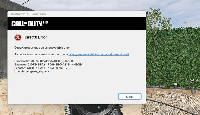 Le vrai popup 'DirectX encountered an unrecoverable error' tel qu'il apparaît au lancement